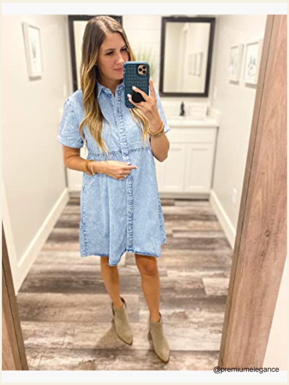 Short Sleeve Button Down Flowy Tiered Babydoll Denim Dress Casual - Picture 3 of 7